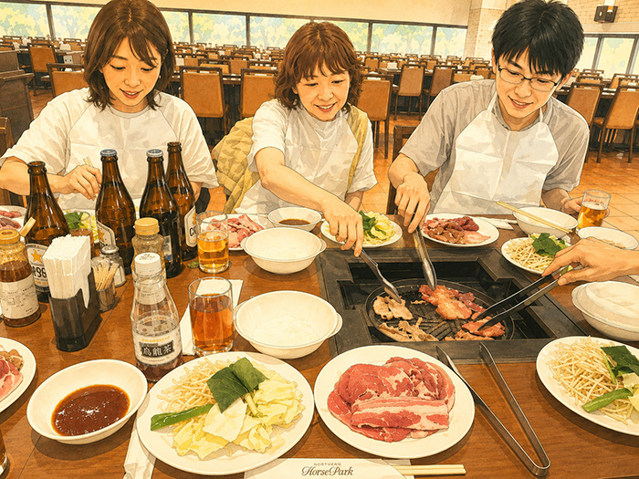 ジンギスカンを食べる社員たち
